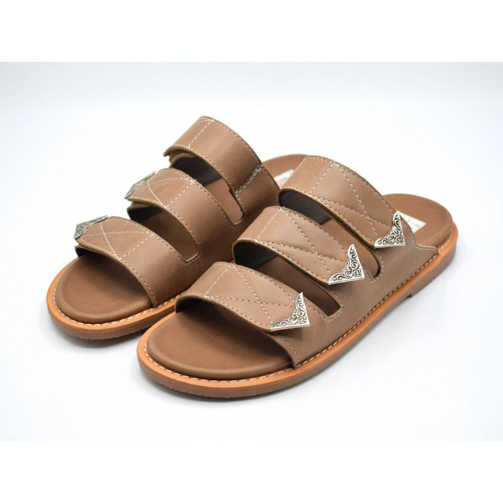 Quality Men Tan Multi Strap Faux Leather Slides